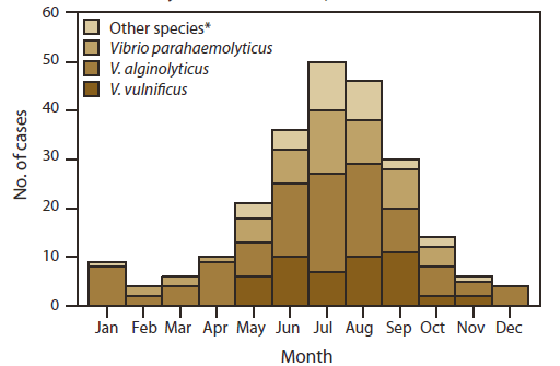 The figure shows the number of vibriosis cases associated with recreational water exposure that were reported in the United States during 2007-2008, by species and month. A total of 236 cases were reported. The greatest numbers of cases occurred in May, June, July, August, and September.